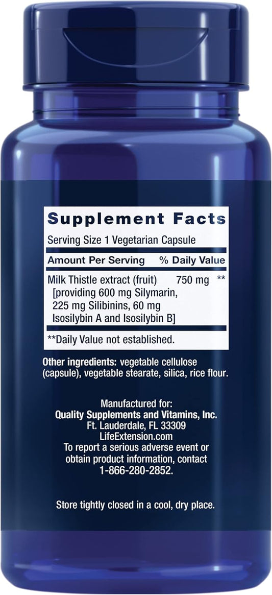 Life Extension Milk Thistle, Silymarin, Silibinins, Isosilybin A & B, Delivers Full-Spectrum Milk Thistle Benefits For Liver Health, Non-Gmo, Gluten-Free, Vegetarian, 60 Capsules