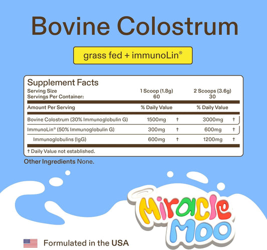 Colostrum Supplement for Gut Health, Hair Growth, Beauty and Immune Support - Easy to Mix Grass Fed Bovine Powder - Highest IgG Plus ImmunoLin, Unflavored 60 Servings