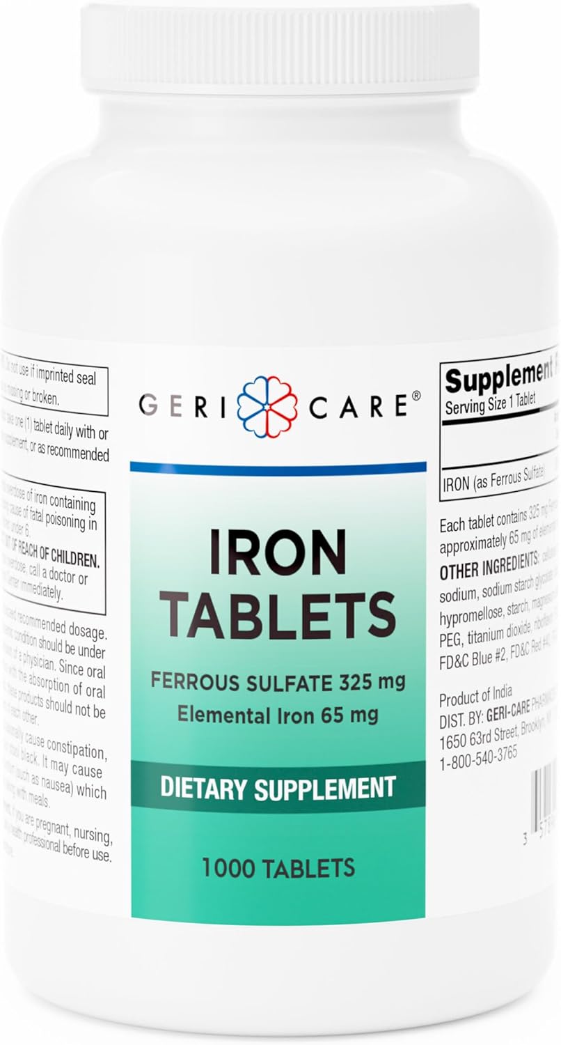 Gericare Ferrous Sulfate Tablets 325Mg, Elemental Iron 65 Mg High Potency Iron Supplement | No Artificial Color Additives Dietary Supplement 1000 Count. (Pack Of 1)