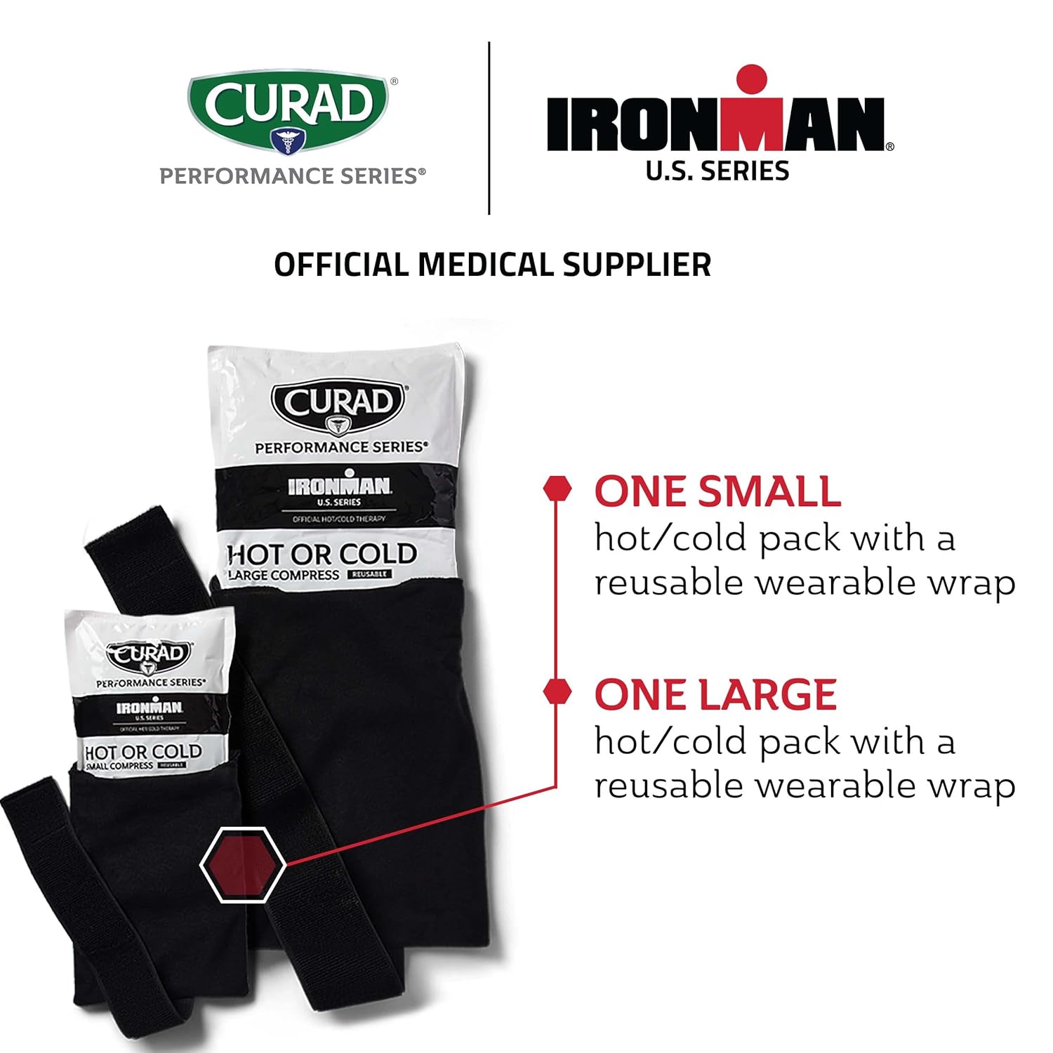 Curad Ironman Hot or Cold Therapeutic Combo Packs with Wrap, Reusable Hot or Cold Compress Packs for Injuries, Combo Pack Includes Small and Large, 2 Count : Health & Household