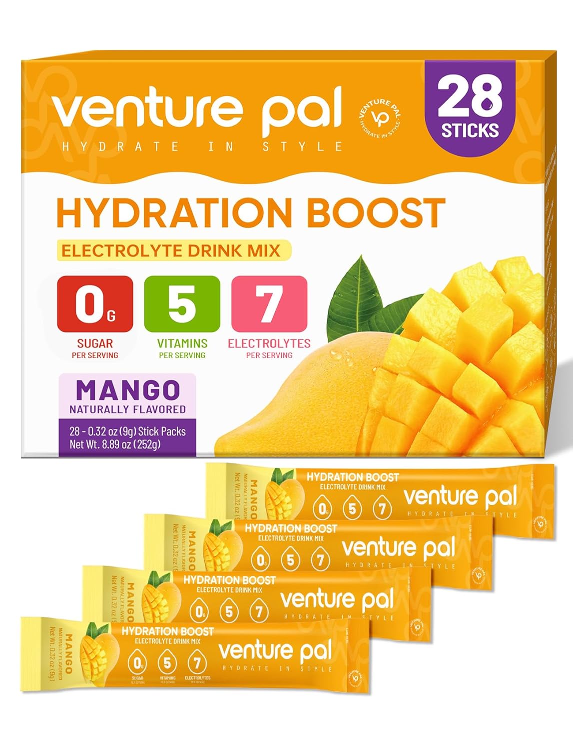 Venture Pal Sugar Free Electrolyte Powder Packets - Liquid Daily Iv Hydration Packets | Electrolytes Drink Mix With 5 Vitamins & 7 Electrolytes | Keto Friendly | Non-Gmo | Certified Vegan | 28 Sticks