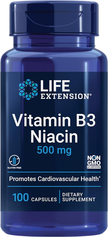 Life Extension Vitamin B3 Niacin 500 Mg – Niacin (Vitamin B3), Supports Heart Health, Promotes Cellular Energy Production – Gluten-Free, Non-Gmo – 100 Capsules
