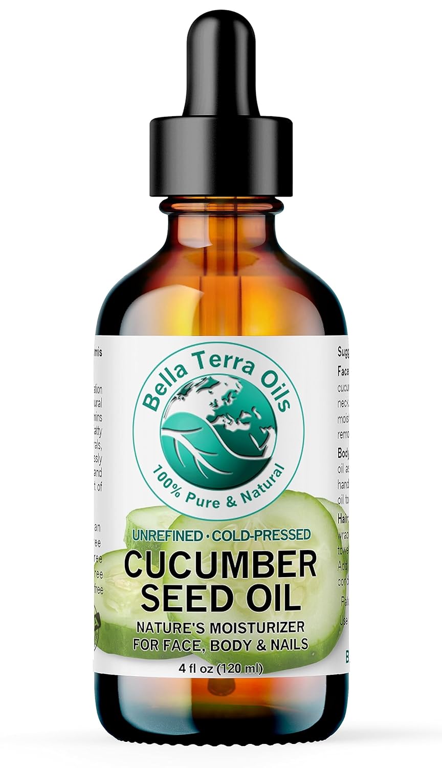 Bella Terra Oils - Cucumber Seed Oil 4 oz - Embrace the Essence of Cucumber, Rich in Linoleic Acid & Phytosterols, Elevate Your Face and Skin Routine