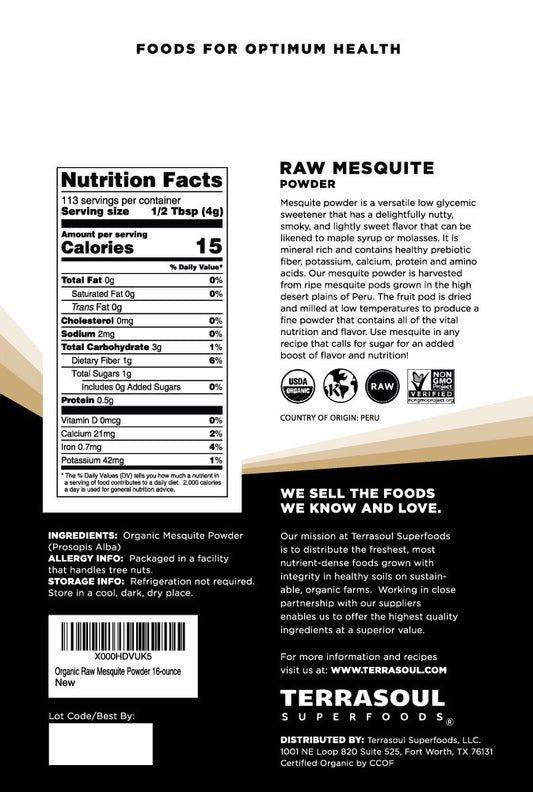 Terrasoul Superfoods Organic Mesquite Powder, 16 Oz, Baking Ingredient, Nutrient-Packed Smoothie Booster, BBQ Marinade Enhancer, Coffee Flavor Enhancer