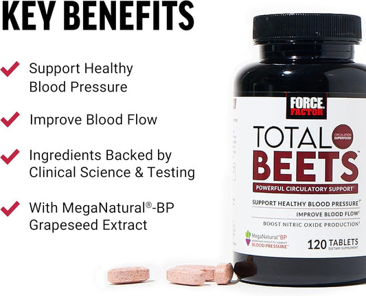 Force Factor Total Beets Blood Pressure Supplements, Nitric Oxide Supplement with Beet Root Powder, Nitrates, Grapeseed Extract for Circulation, Cardiovascular, Heart Health, 360 Tablets, 3 Pack