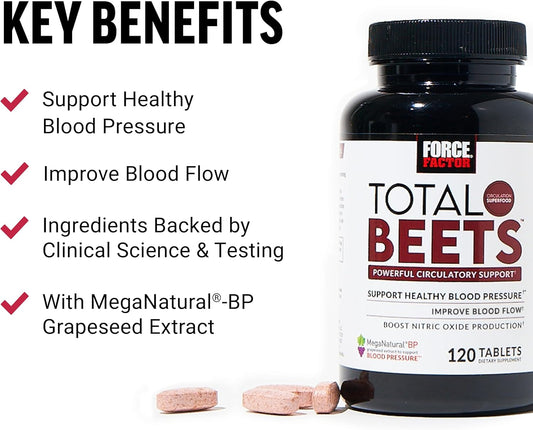 Force Factor Total Beets Nitric Oxide Supplement With Beet Root Powder, Nitrates, Grapeseed Extract For Circulation, Cardiovascular, Heart Health, 240 Tablets, 2 Pack