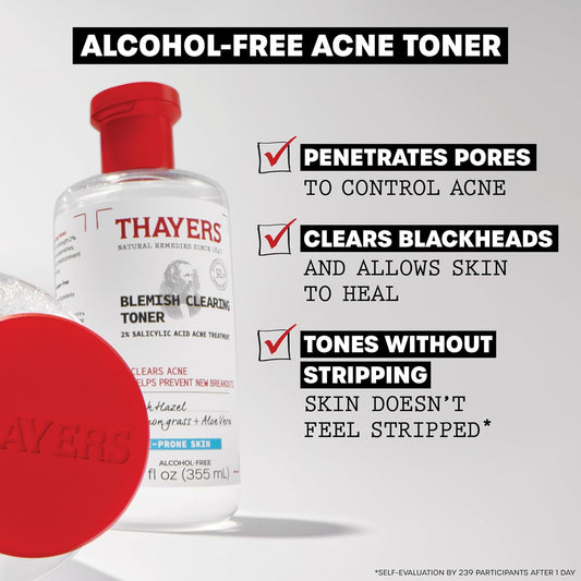 Thayers Blemish Clearing Salicylic Acid Toner, Acne Treatment Face Toner With 2% Salicylic Acid, Soothing & Non-Stripping Skin Care, 12 Fl Oz + Thayers Blemish Clearing Salicylic Acid Toner Pads 60 Ct