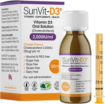 Sunvit-D3 Vitamin D3 3000Iu Oral Solution - Vitamin D For Kids | Cholecalciferol Vitamin D Drops Baby | Supports Bone, Teeth, Muscle & Immune System | Vitamin D Drops For Kids (50Ml Orange Flavor)