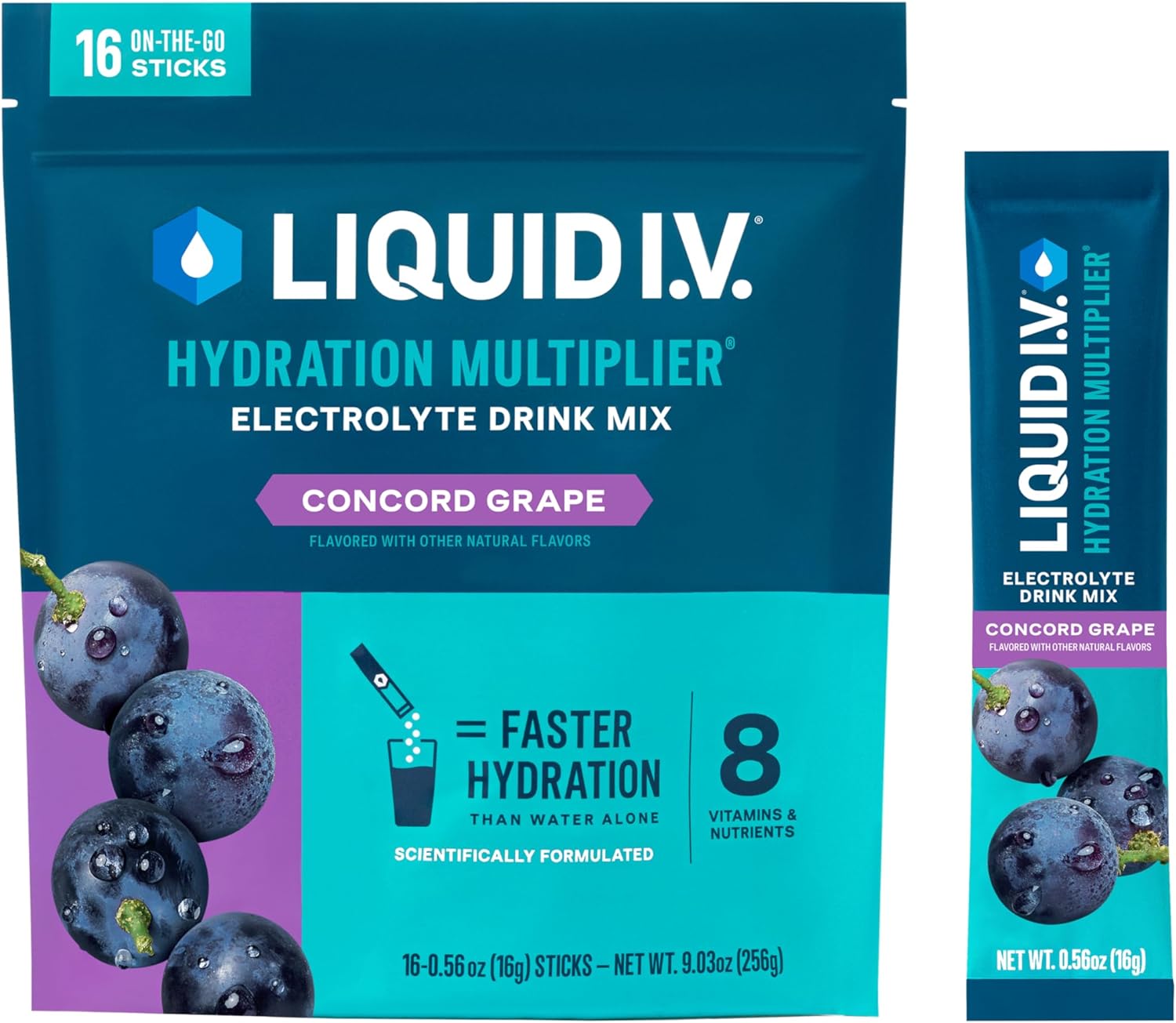 Liquid I.V.® Hydration Multiplier® - Concord Grape - Hydration Powder Packets | Electrolyte Powder Drink Mix | Convenient Single-Serving Sticks | Non-Gmo | 16 Servings (Pack Of 1)