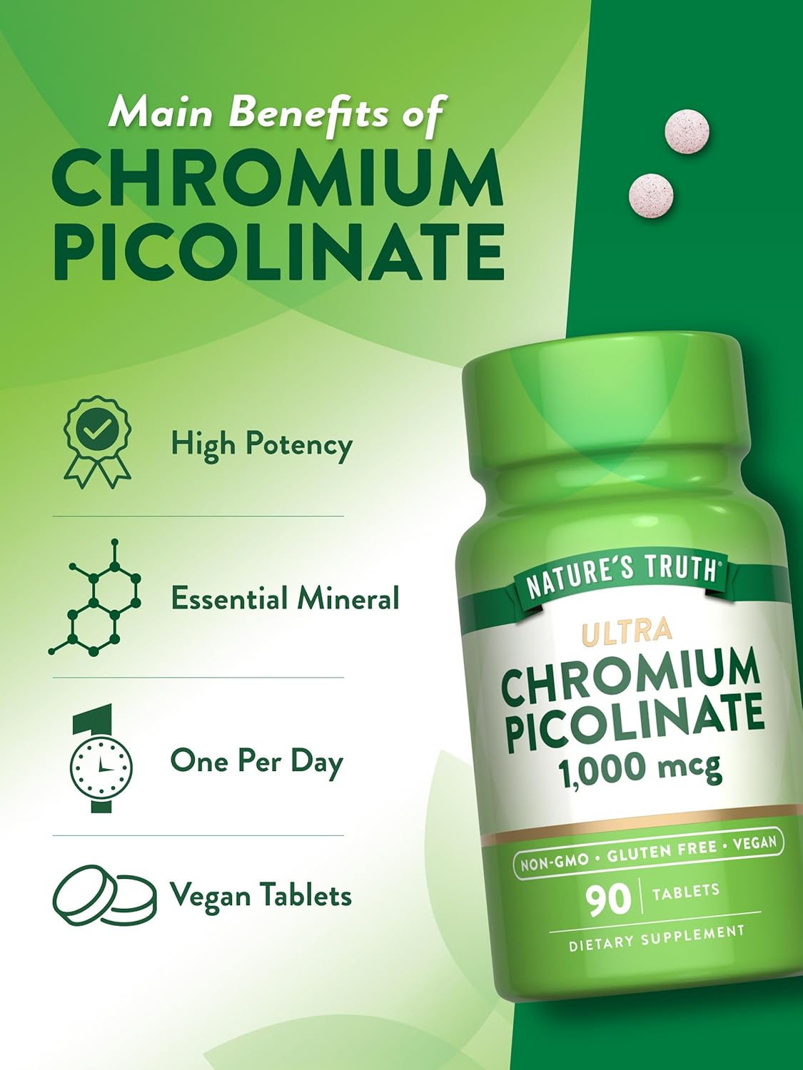 Ultra Chromium Picolinate 1000mcg | 90 Tablets | Vegetarian, Non-GMO & Gluten Free Supplement | By Nature's Truth : Health & Household