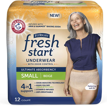 Fitright Fresh Start Incontinence And Postpartum Underwear For Women, Small, Beige (12 Count) Ultimate Absorbency, Disposable Underwear With The Odor-Control Power Of Arm & Hammer