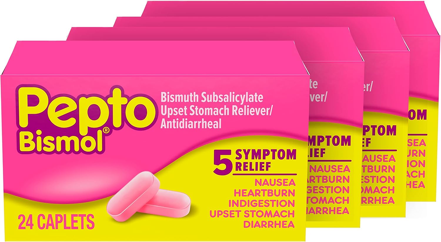 Pepto Bismol Caplets For Nausea, Heartburn, Indigestion, Upset Stomach, And Diarrhea - 5 Symptom Fast Relief In A Convenient Form 24 Ct (Pack Of 4)