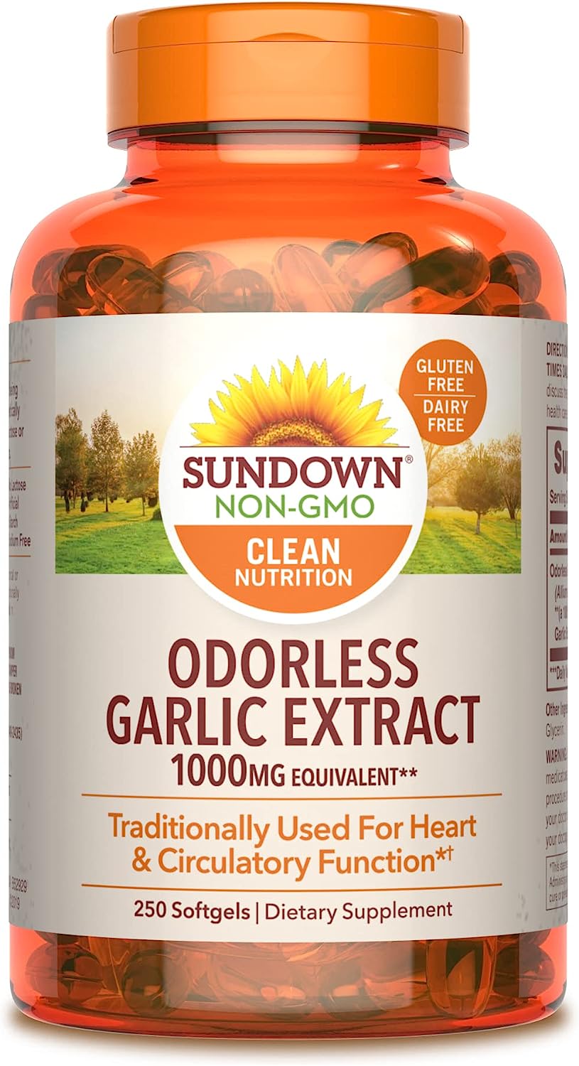 Sundown Odorless Garlic Supplement, 10 mg, Equivalent to 1000mg Garlic Bulb, 250 Softgels (Packaging May Vary)
