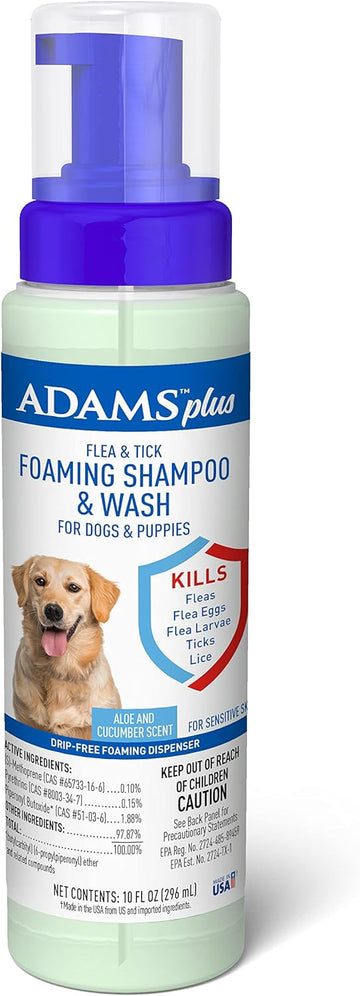 Adams Plus Flea & Tick Foaming Shampoo & Wash for Dogs & Puppies Over 12 Weeks | Sensitive Skin Flea Treatment for Dogs and Puppies | Kills Adult Fleas, Ticks, and Lice On Contact | 10 Oz