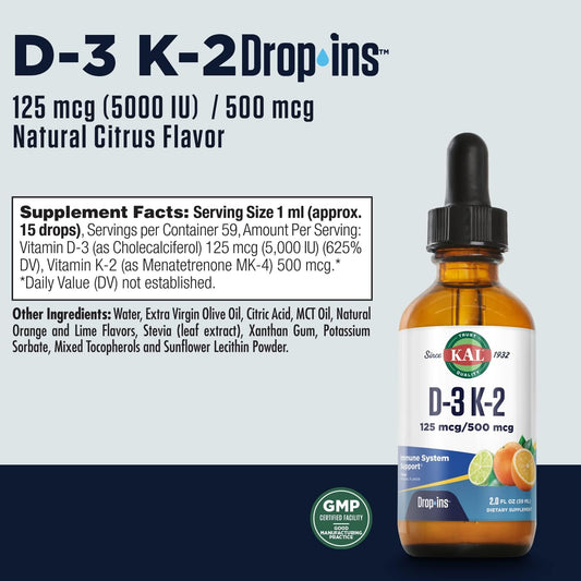 KAL D3 K2 DropIns 125 mcg / 500 mcg Liq Vitamin D3 K2 Drops, Bone Health, Heart Health and Immune Support Supplement, Natural Citrus avor, 60-Day Money Back Guarantee, Approx. 59 Serv, 2