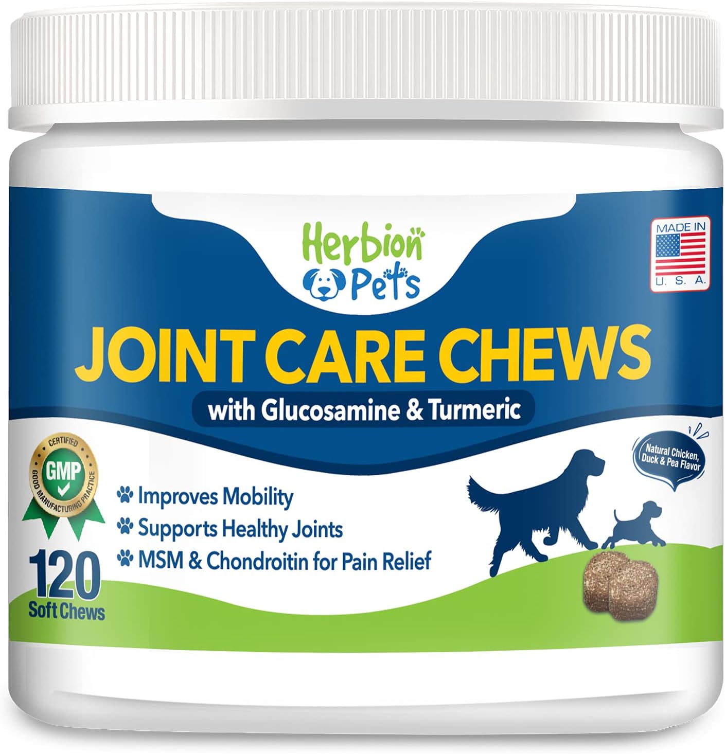 Herbion Pets Joint Care Chews with Glucosamine & Turmeric, 120 Soft Chews - MSM & Chondroitin for Pain Relief - Improves Mobility - Supports Healthy Joints - Made in The USA - for Dogs 12 Weeks+