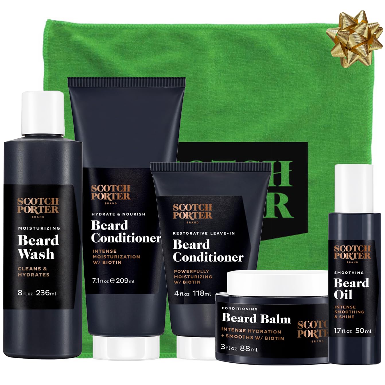 Scotch Porter Get Bearded Collection | Includes Beard Wash, Conditioner, Balm, Serum, Microfiber Towel | Free of Parabens, Sulfates & Silicones | Vegan