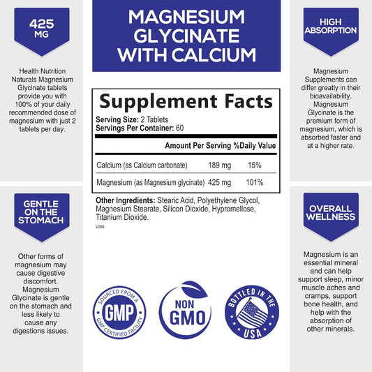 Magnesium Glycinate 425 mg with Calcium - Natural, High Absorption Magnesium Tablets Chelated for Muscle, Nerve, Bone & Heart Health Support - Non-GMO, Gluten Free, Vegan Supplement - 120 Tablets