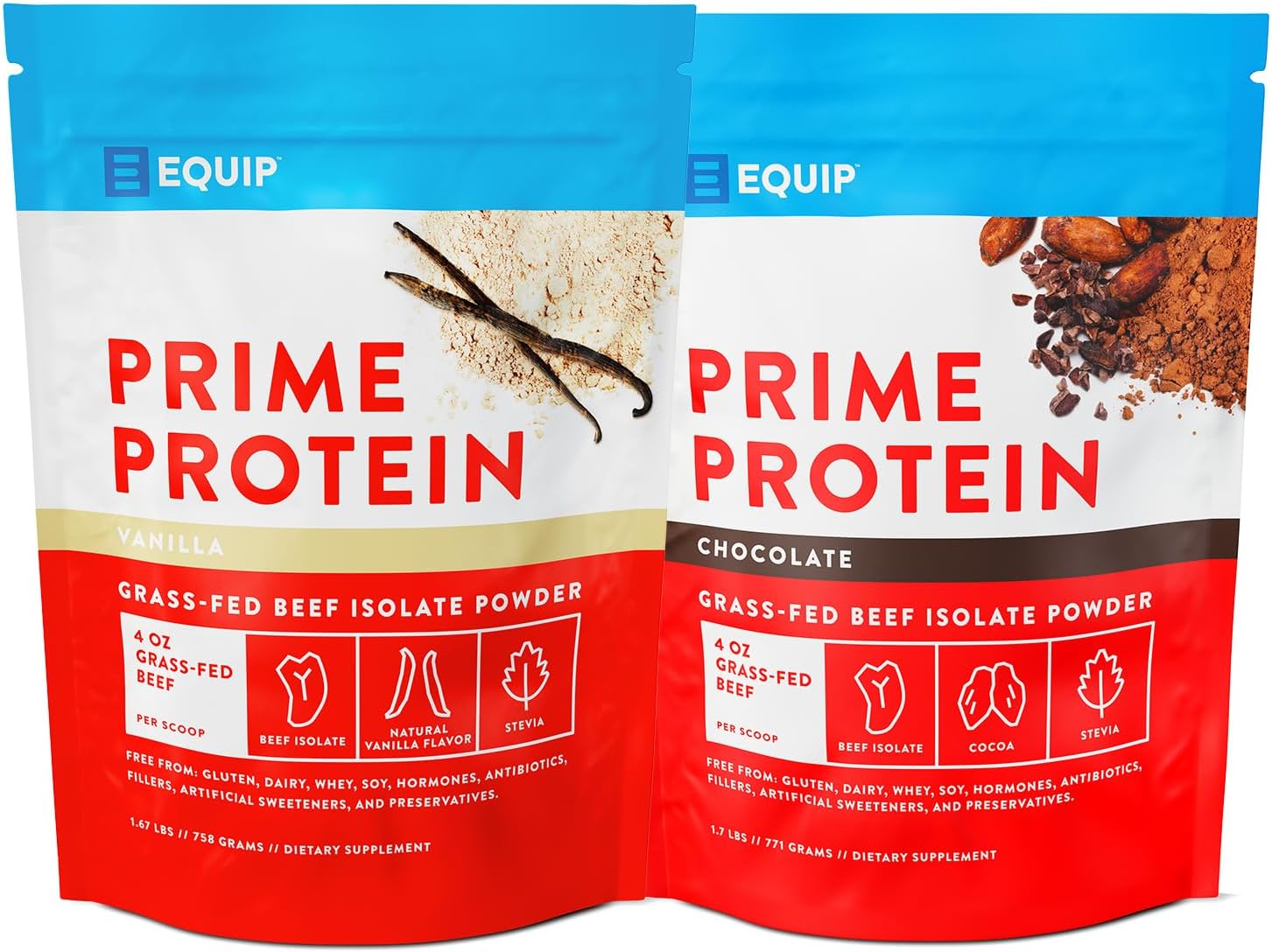 Equip Foods Chocolate Prime Protein Powder - Vanilla & Chocolate - Grass-Fed Isolate Beef Protein Powder - Paleo And Gluten Free Protein Powder - Helps Build And Repair Tissue, Gluten Free