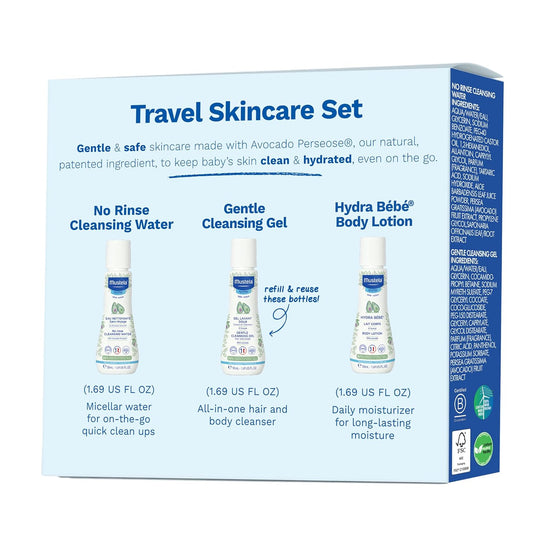 Mustela Travel Skinscare Set - Baby Skin Care & Bath Time Set - Tsa-Approved - Natural & Plant-Based - Natural Avocado - 3 Items Set - Refillable & Reusable 1.69 Fl. Oz. Bottles