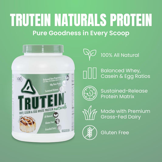 Body Nutrition Trutein Naturals, Whey, Casein & Egg White Protein Powder Without Artificial Sweeteners, Gluten-Free Keto Protein Powder, Post-Workout Meal Replacement Shake, Cinnabun, 4 Lb
