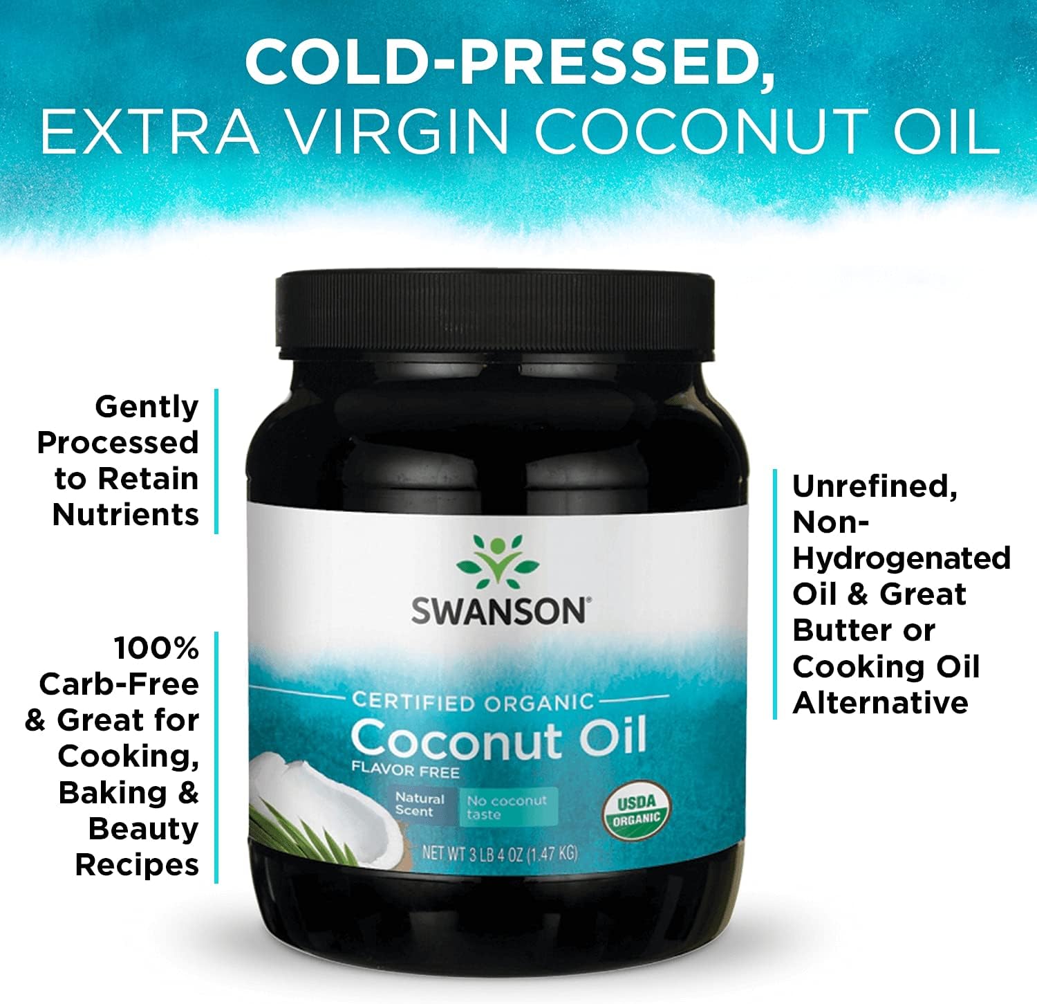 Swanson 100% Certified Organic Flavor Free Coconut Oil Cooking Baking Frying Beauty Efas Mcts 3 Lbs 6 Ounces (1.53 Kg) Solid Oil (4 Pack)