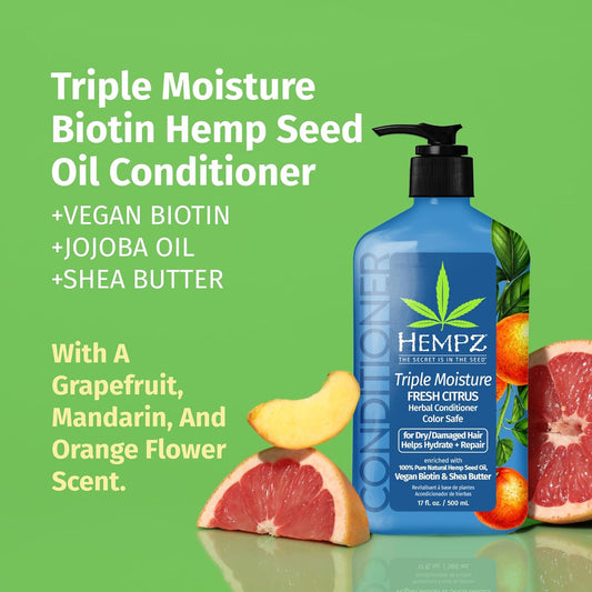 Hempz Biotin Conditioner - Triple Moisture Fresh Citrus - Peach & Grapefruit - For Growth & Strengthening Of Dry, Damaged And Color Treated Hair, Hydrating, Softening, Moisturizing - 17 Fl Oz