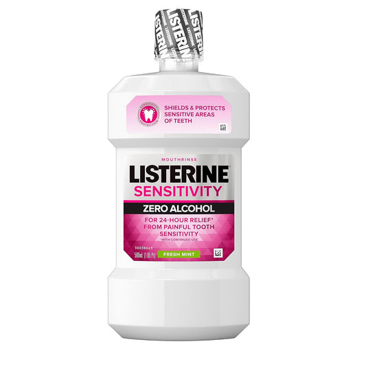 Listerine Sensitivity Mouthwash, Zero Alcohol, Less Intense Formula, For Sensitive Teeth, Bad Breath Treatment, Alcohol Free Mouth Wash For Adults; Fresh Mint Flavor, 500 Ml (Pack Of 2)