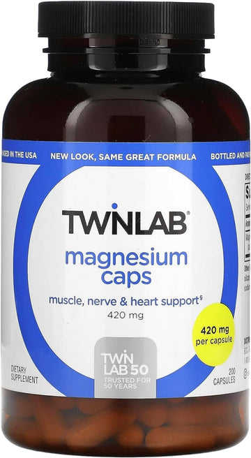 Twinlab Magnesium Caps - High Absorption Magnesium Supplement to Support Leg Cramps Relief - Magnesium Capsules for Stress Relief, 420 mg, 200 Count, 1 Pack