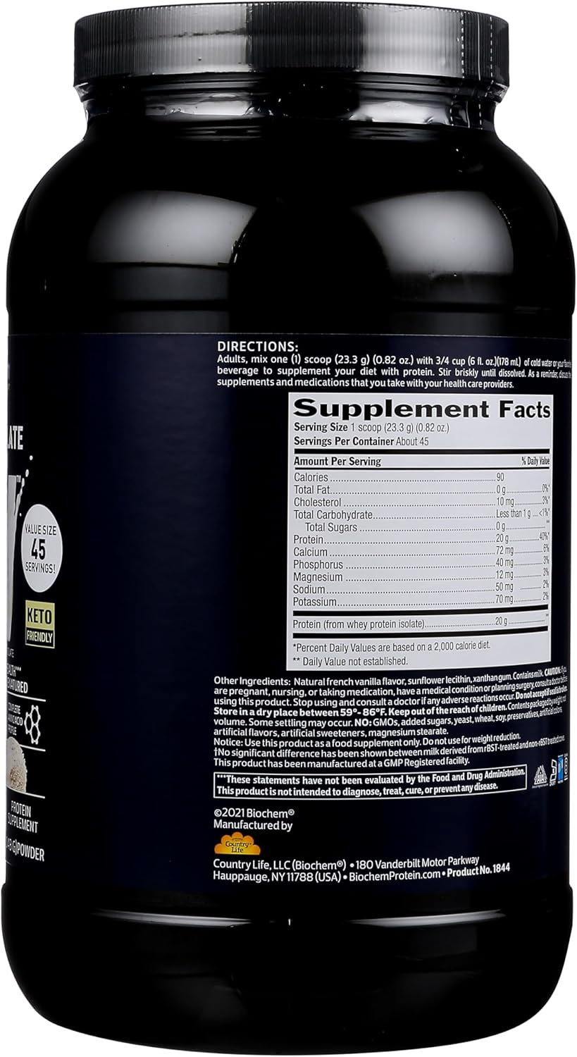 Biochem 100% Whey Isolate Protein - Natural Flavor - 20G Of Protein - Pre & Post Workout - Meal Replacement - Keto-Friendly - Easily Digestible - Silky Smooth Taste - Easy To Mix (36.9 Oz) : Health & Household