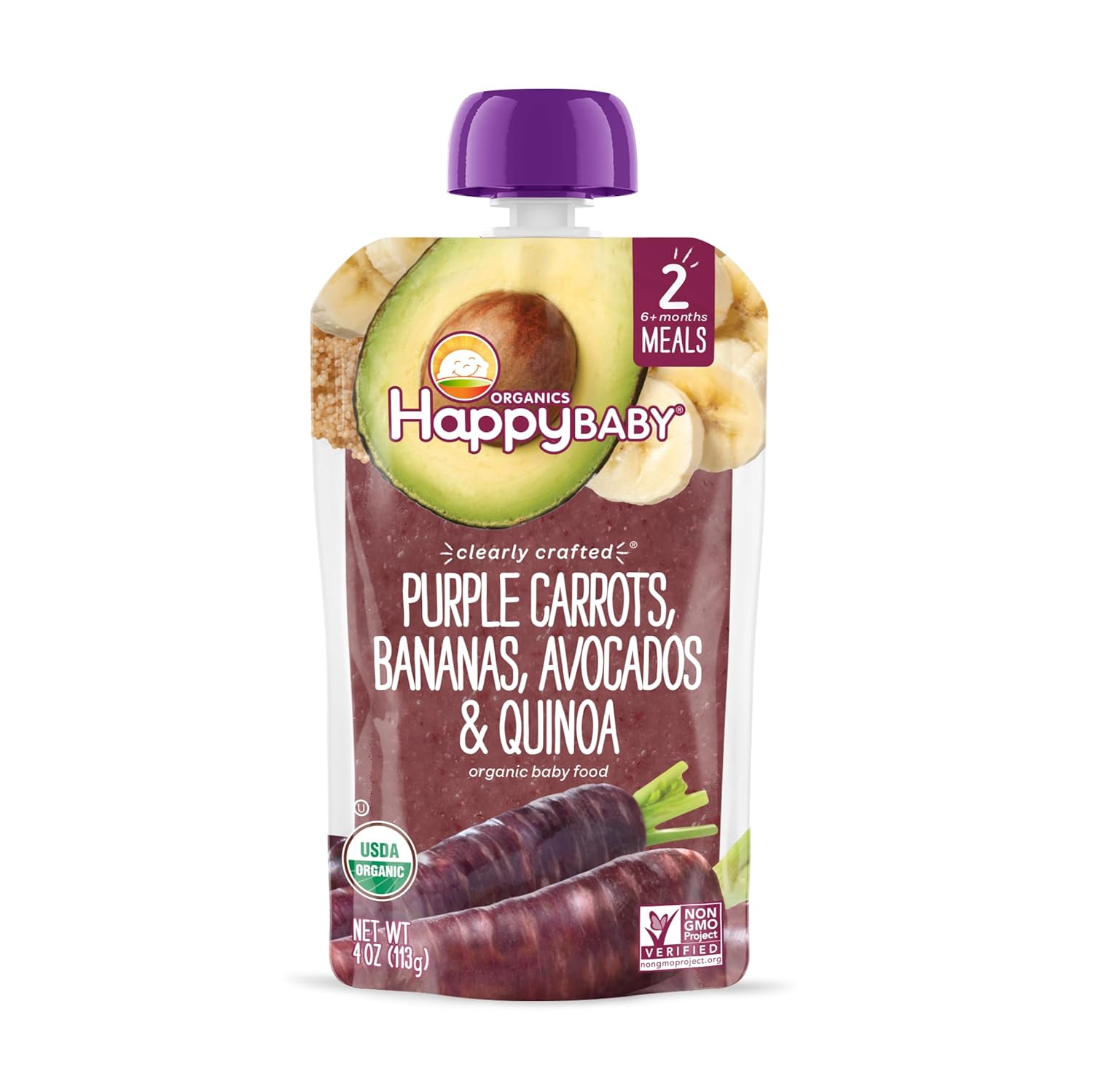 Happy Baby Organics Stage 2 Baby Food Pouches, Gluten Free, Vegan & Healthy Snack, Clearly Crafted Fruit & Veggie Puree, Purple Carrots, Bananas, Avocados & Quinoa, 4 Ounces (Pack of 16) : Baby