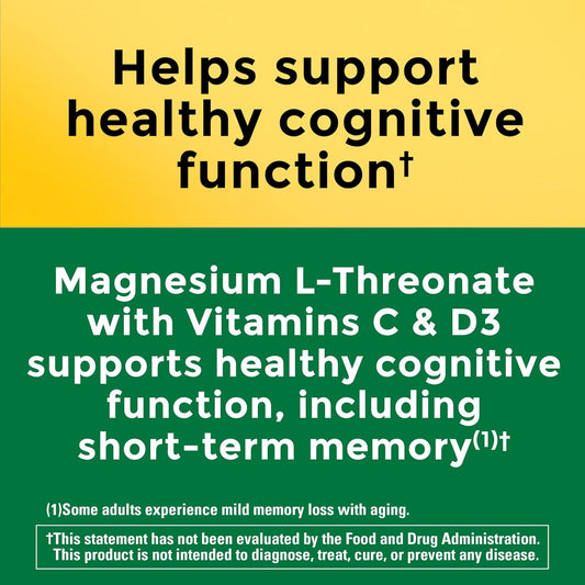 Nature Made Magnesium L-Threonate With Vitamin C & Vitamin D3, Provides 130 Mg Of Magnesium From 1800 Mg Magnesium L Threonate, Cognitive Support Magnesium Supplement, 90 Capsules, 30 Day Supply