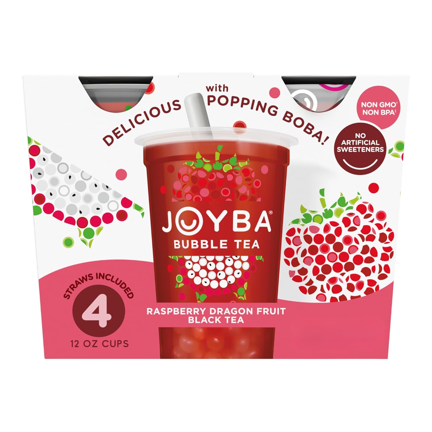 Joyba Bubble Tea Raspberry Dragon Fruit Black Tea With Popping Boba, 4 Pack, 12 Fl. Oz. Cups