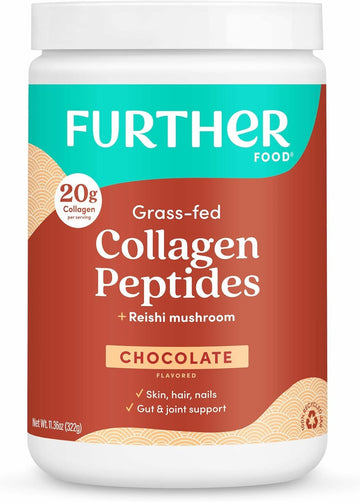 Further Food Chocolate Collagen Peptides Powder, Grass-Fed Pasture-Raised Hydrolyzed Type 1 & 3 Protein, Gut Health + Joint, Hair, Skin, Nails, Paleo Keto Sugar-Free 11.36 Oz