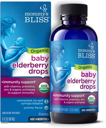 Mommy'S Bliss Organic Baby Elderberry Drops, Immune Support With Vitamins, Prebiotics, Zinc & Organic Echinacea, Age 4 Months +, 3 Fl Oz (36 Servings)