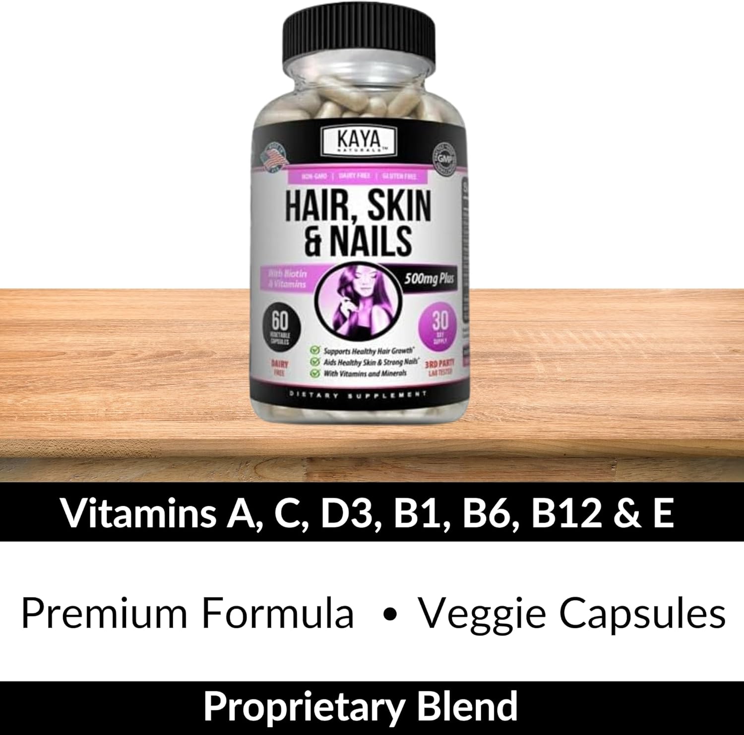 Kaya Naturals Hair Skin Nail Capsules BIOTIN Vitamin D Vitamin B-12 A Folic Acid Support, Hair Support Vitamin Supplement : Health & Household