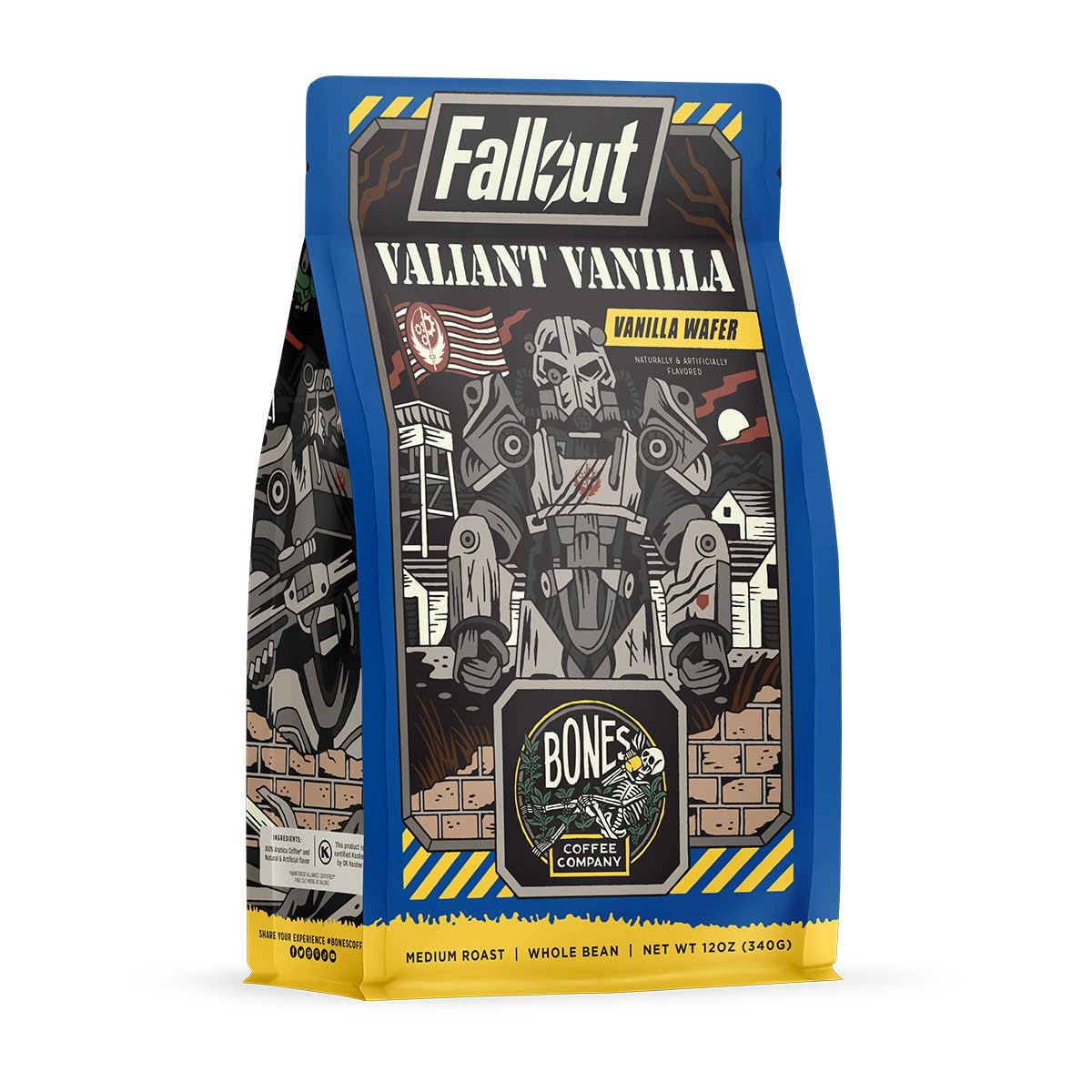 Bones Coffee Company Valiant Vanilla Flavored Ground Coffee Beans Vanilla Wafer Flavor | 12 oz Medium Roast Arabica Low Acid Coffee | Gourmet Coffee Inspired From Fallout Series (Ground)