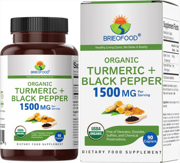 Brieofood Organic Turmeric With Black Pepper 1500Mg, 45 Servings, Vegetarian, Gluten Free, 90 Vegetarian Tablets
