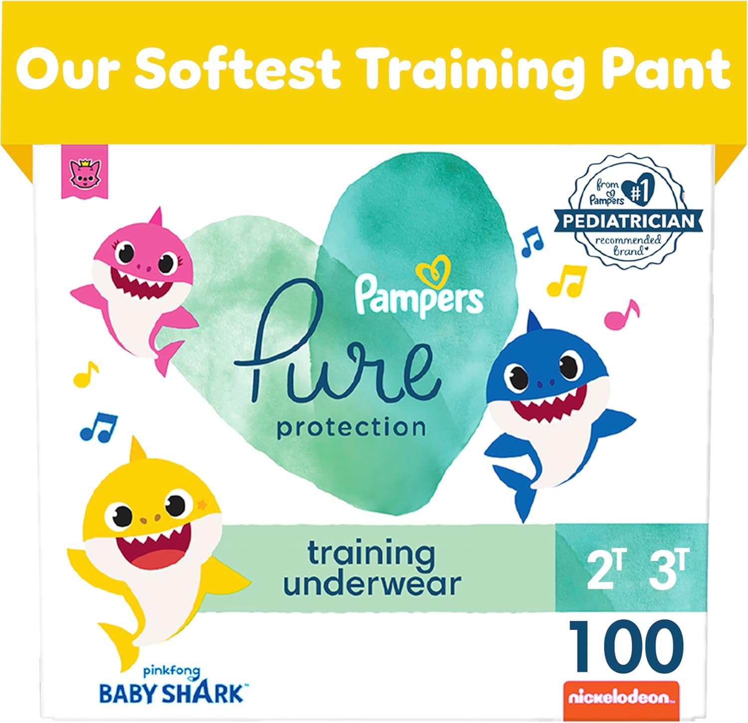 Pampers Pure Protection Training Pants Baby Shark - Size 2T-3T, 100 Count, Premium Hypoallergenic Training Underwear