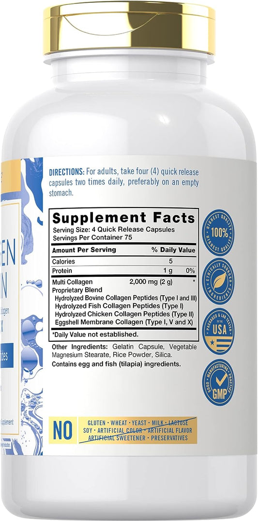 Carlyle Multi Collagen Protein Capsules 2000mg | 300 Count | Type I, II, III, V, X | Collagen Peptide Pills | Keto & Paleo Friendly, Gluten Free Supplement