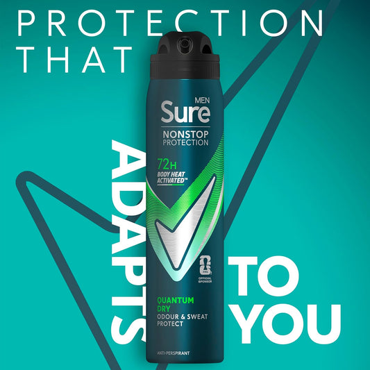Sure Men Nonstop Protection Quantum Dry Anti-Perspirant Aerosol Men'S Deodorant Spray With Body Heat Activated Technology And A Citrusy & Woody Scent For 72 Hour Odour And Sweat Protection 250 Ml