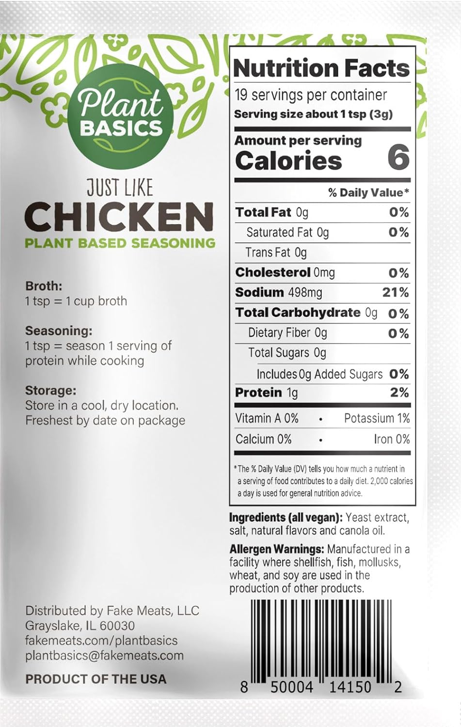 Plant Basics - Plant Based Seasoning, Just Like Chicken, 2 ounce (Pack of 12), Vegan, Gluten Free, Kosher, Non-GMO : Grocery & Gourmet Food