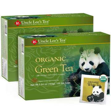 Uncle Lee'S Organic Green Tea 100 Tea Bags 2-Pack With + White Tea Single-Use Pack (3 Piece Set)