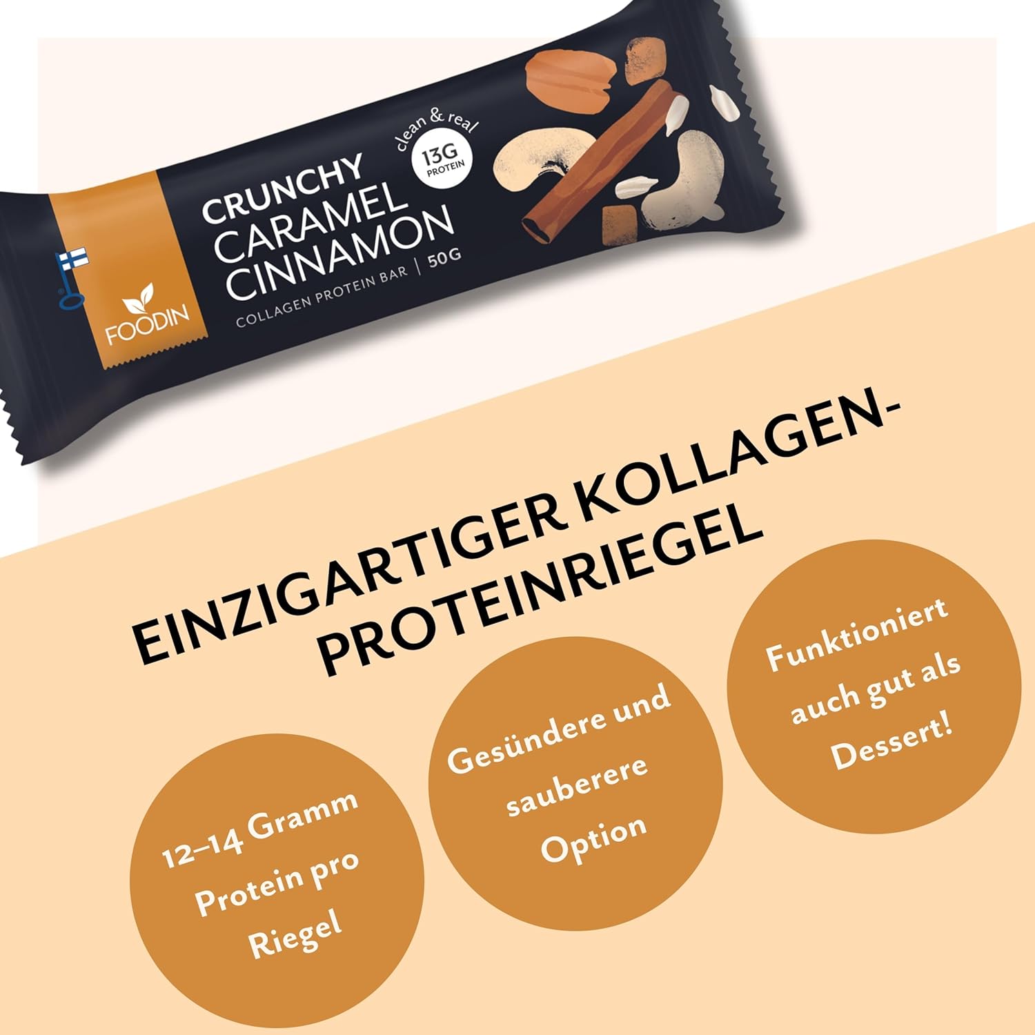 Foodin Cinnamon Caramel Collagen Bar 50G X 12 - High Protein, Collagen-Infused, Gluten-Free, Paleo-Friendly Snack Bar