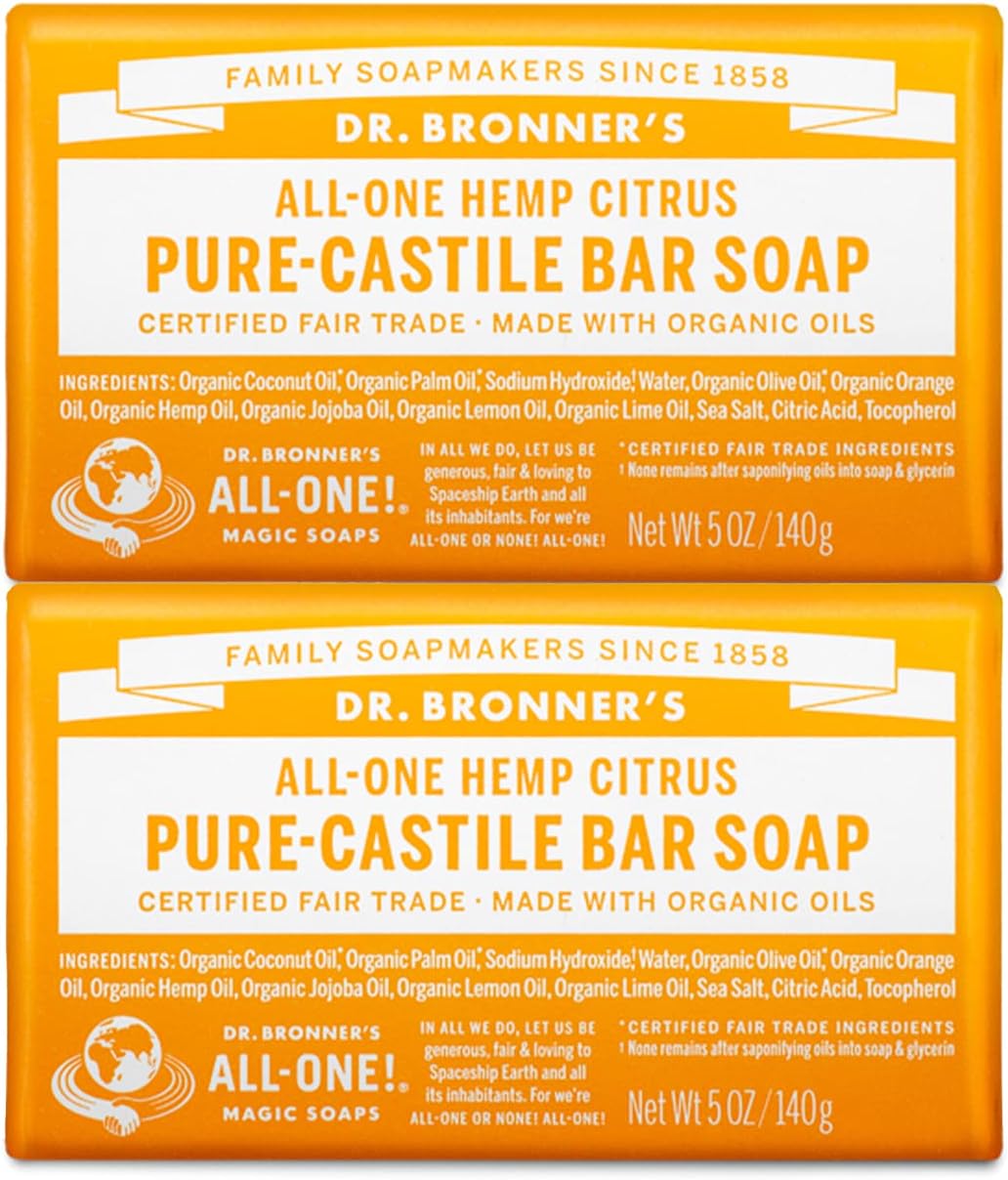 Dr. Bronner's - Pure-Castile Bar Soap (Citrus, 5 ounce, 2-Pack) - Made with Organic Oils, For Face, Body and Hair, Gentle and Moisturizing, Biodegradable, Vegan, Cruelty-free, Non-GMO
