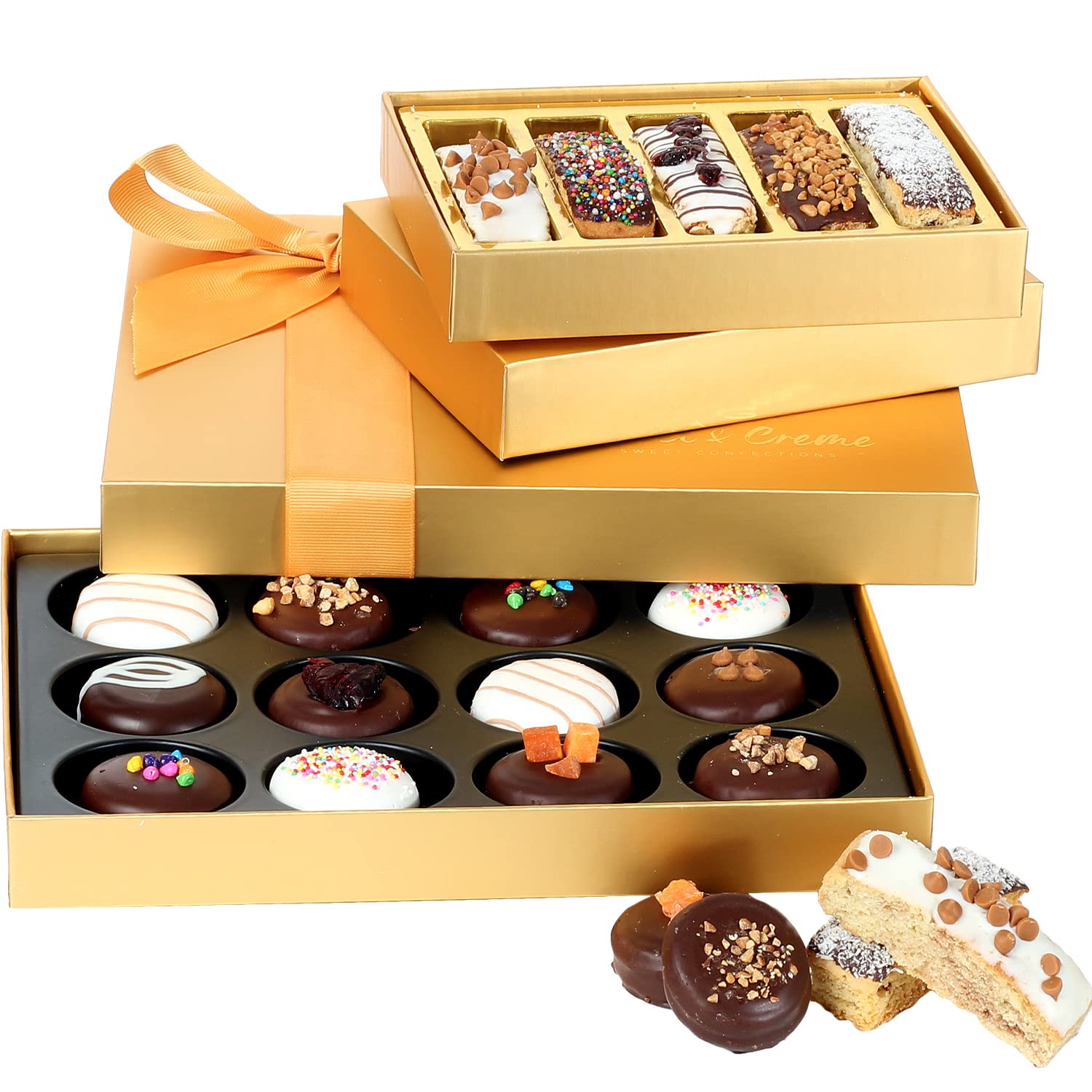 Birthday Chocolate Gift Basket - Chocolate Gift Tower - Chocolate Covered Gourmet Cookies & Chocolate Covered Biscotti - Happy Birthday, Well Wishes, Sympathy, Thank You, Men/Women