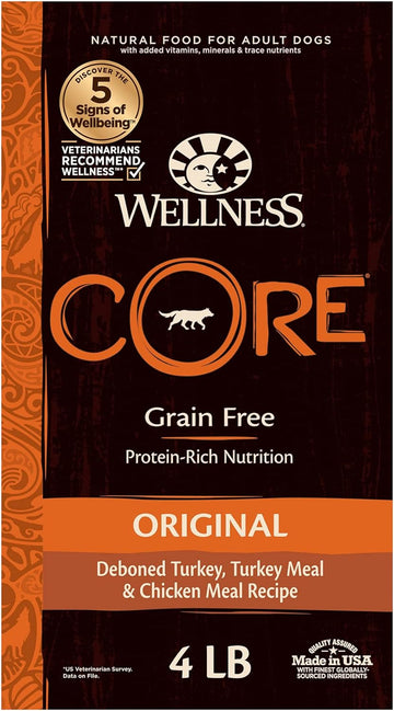 Wellness CORE Grain-Free High-Protein Dry Dog Food, Natural Ingredients, Made in USA with Real Meat, All Breeds, For Adult Dogs (Original Turkey & Chicken, 4-Pound Bag)