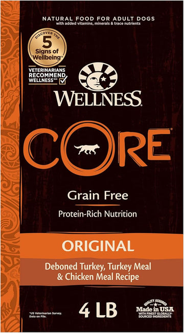 Wellness Core Grain-Free High-Protein Dry Dog Food, Natural Ingredients, Made In Usa With Real Meat, All Breeds, For Adult Dogs (Original Turkey & Chicken, 4-Pound Bag)