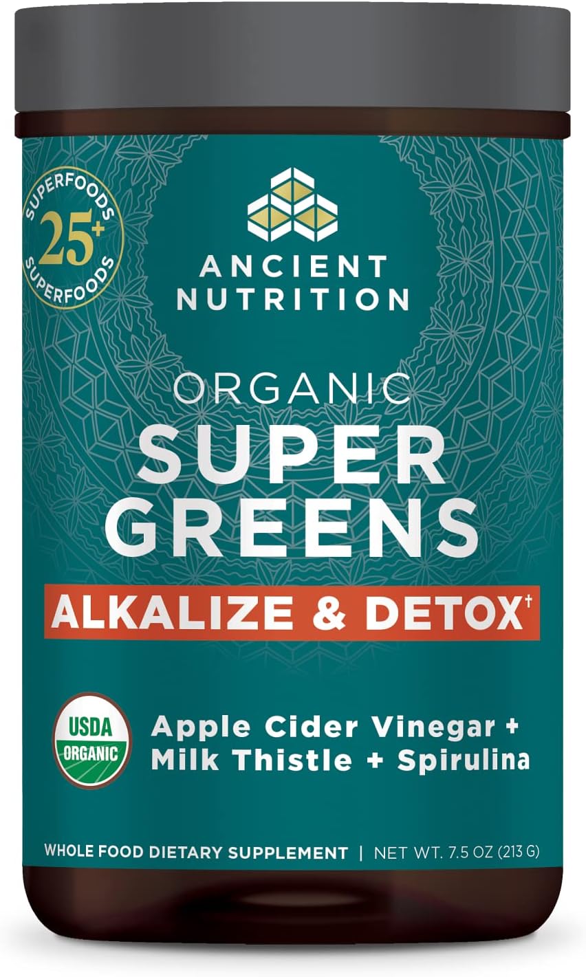 Ancient Nutrition Supergreens Alkalize & Detox Powder, Organic Superfood Powder Made From Real Fruits, Vegetables And Herbs, For Digestive And Energy Support, 25 Servings, 7.5Oz