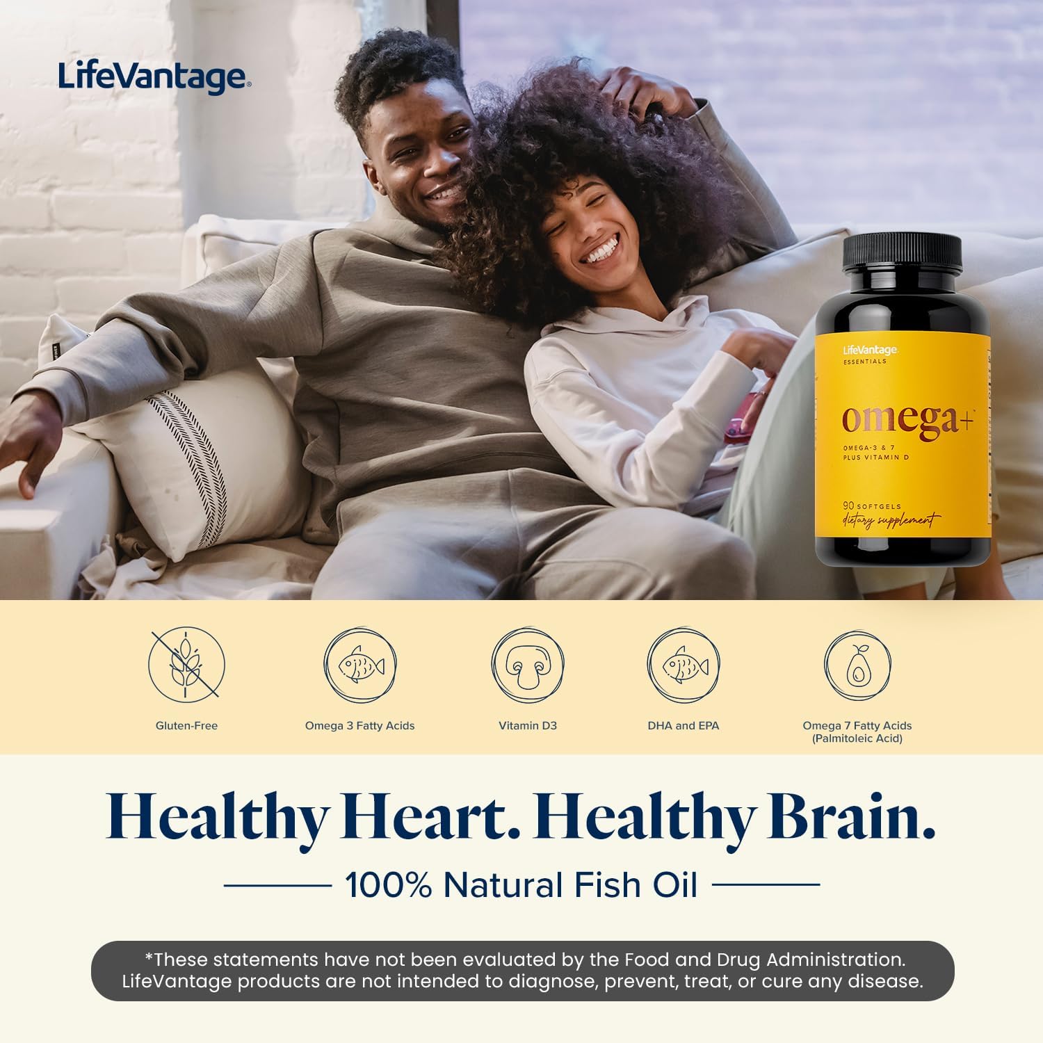 Lifevantage - Omega+ - Supplement 3-In-1 Blend Of Omega-7, Vitamin D And Omega-3 - For Brain, Cardiovascular, Skin Health And Immunity - 90 Softgels : Health & Household